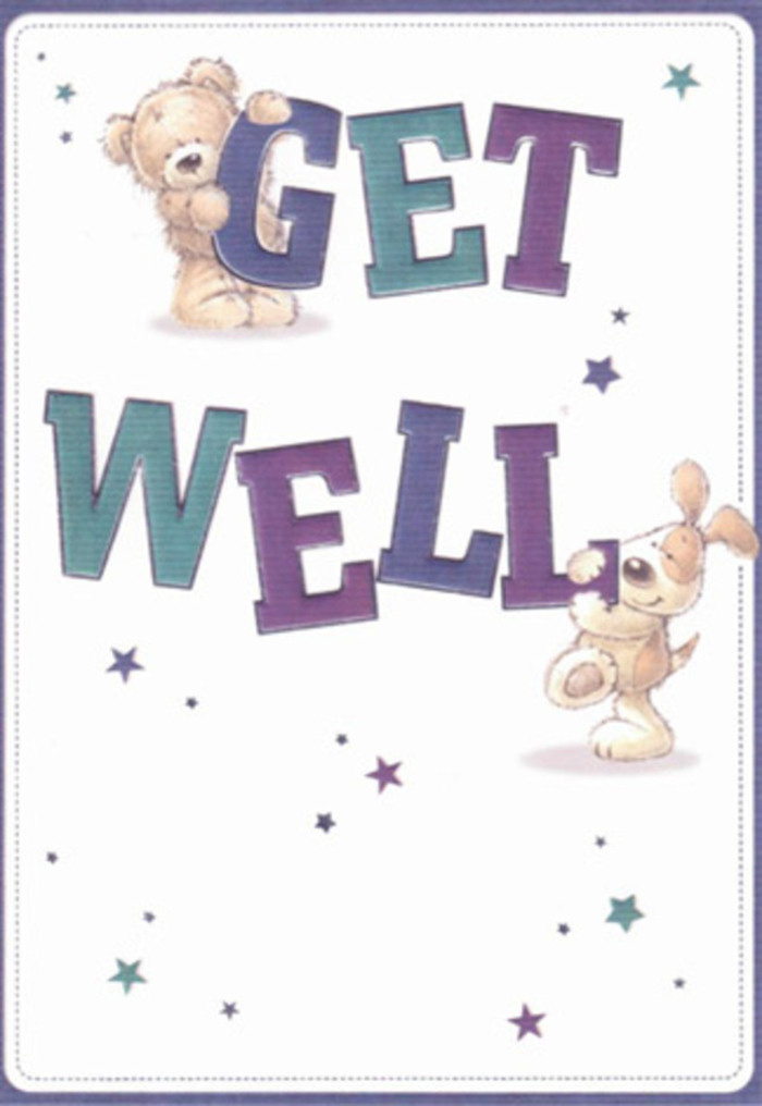A fragrant morning in Edgware might inspire the same gentle encouragement depicted on this get well card, where a whimsical bear and an eager puppy link hearts in a visual exchange of kindness. Wrapping themselves around the oversized, lively letters of 'Get Well,' shaded in rich violets and aquas, the companionable pair seem to float amidst a constellation of starbursts, their playful outlines casting a hopeful glow much like the first rays lighting up Edgware Green. The thick, expressive brushstrokes give a soft, huggable appearance to both bear and pup, as if inviting the recipient to imagine their plush warmth-a sensation reminiscent of fresh petals gathered at Florist Edgware. There's a tactile grace apparent in every detail: the gentle flop of the puppy's velvety ears or the feathery texture of the bear's paw, offering comfort you can almost feel. Light pours across the crisp background, underscoring the design's clarity and ease, while the buoyant typography brings reassurance and a buoy of optimism suited for every age. Sending this card alongside a bouquet from a trusted local shop near Burnt Oak or Canons Park makes for a heartfelt gesture, combining tangible and emotional care, and softly lifting the spirits of anyone on the mend.